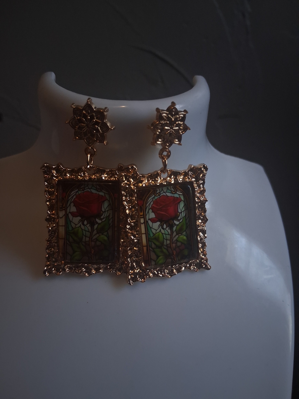 Gold-Tone Rose Stained Glass Frame Drop Earrings